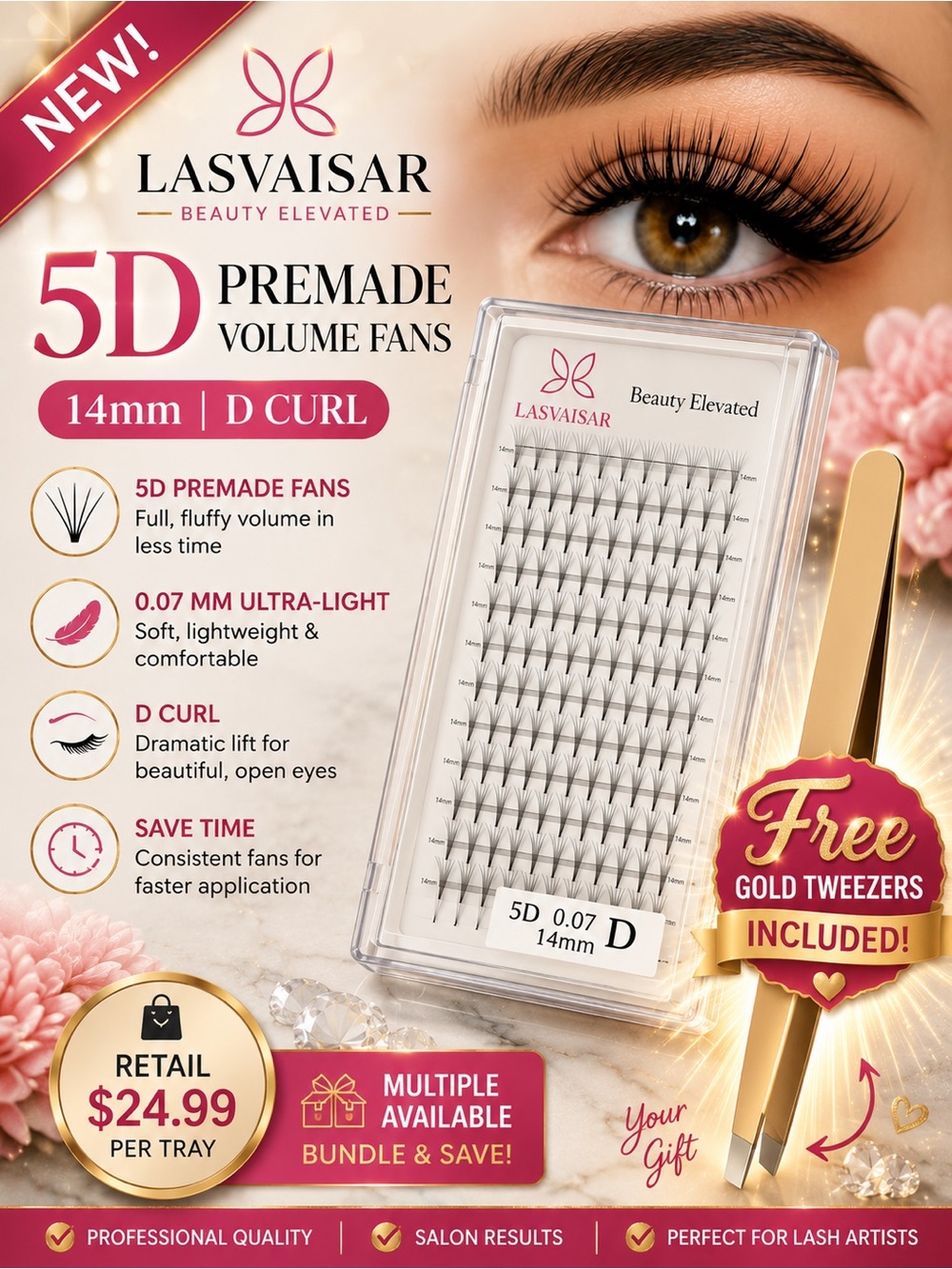 LASVAISAR 5D Premade Volume Lash Extensions 0.07 D Curl 14mm + FREE Gold Tweezer